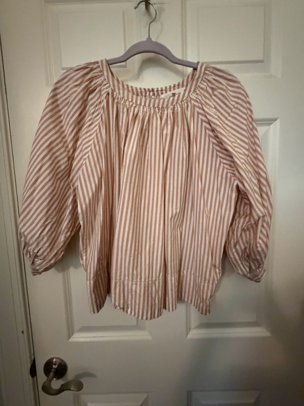 THE GREAT. Pink-Beige Striped Peasant Blouse